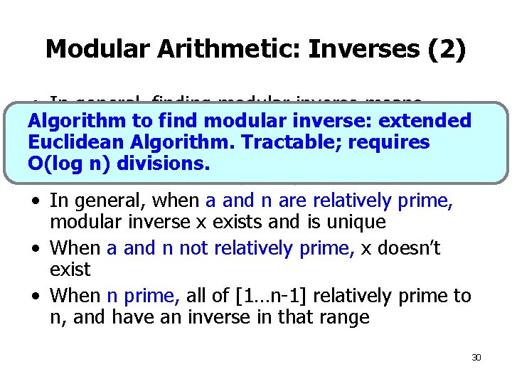 Modular Arithmetic: Inverses (2) • In general, finding modular inverse means Algorithm to find