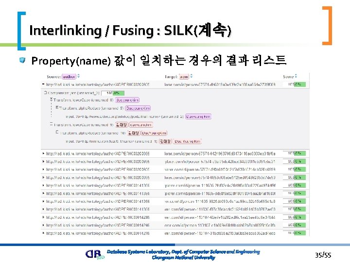 Interlinking / Fusing : SILK(계속) Property(name) 값이 일치하는 경우의 결과 리스트 35/55 