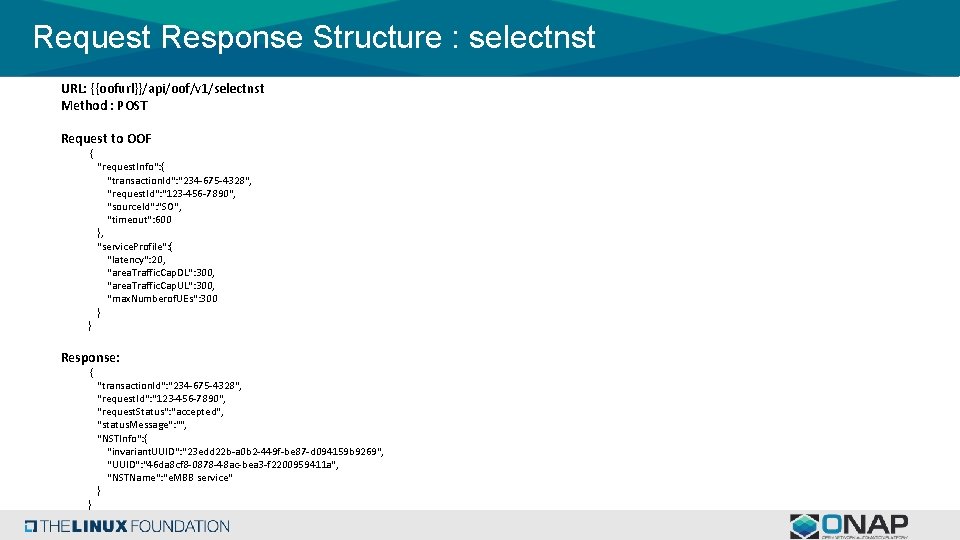 Request Response Structure : selectnst URL: {{oofurl}}/api/oof/v 1/selectnst Method : POST Request to OOF