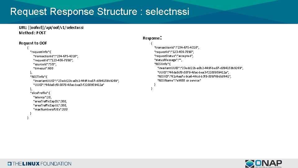Request Response Structure : selectnssi URL: {{oofurl}}/api/oof/v 1/selectnssi Method : POST Request to OOF
