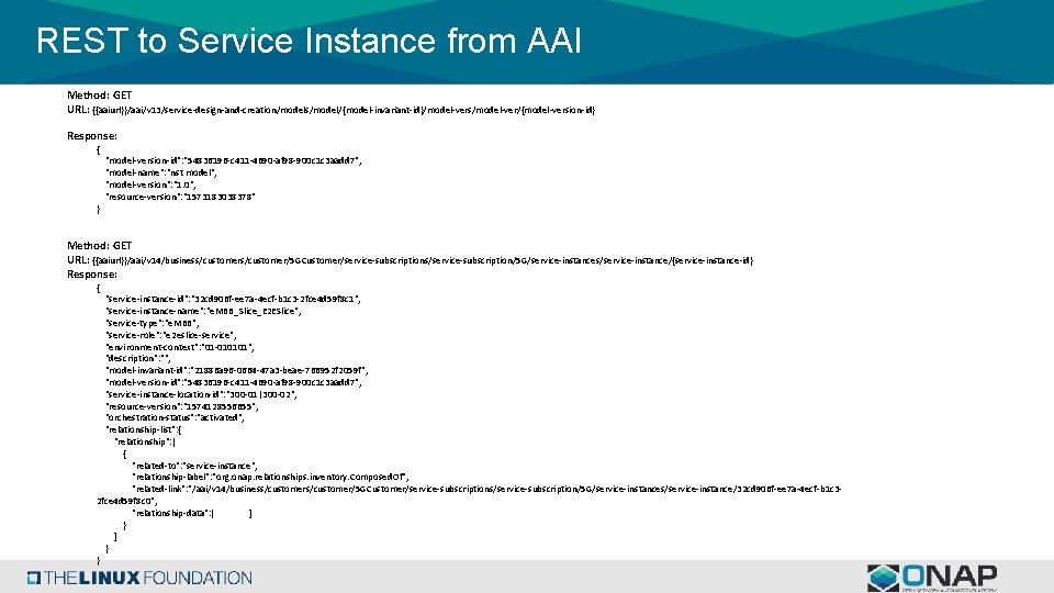 REST to Service Instance from AAI Method: GET URL: {{aaiurl}}/aai/v 13/service-design-and-creation/models/model/{model-invariant-id}/model-vers/model-ver/{model-version-id} Response: { "model-version-id":