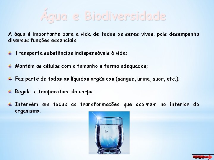 Água e Biodiversidade A água é importante para a vida de todos os seres