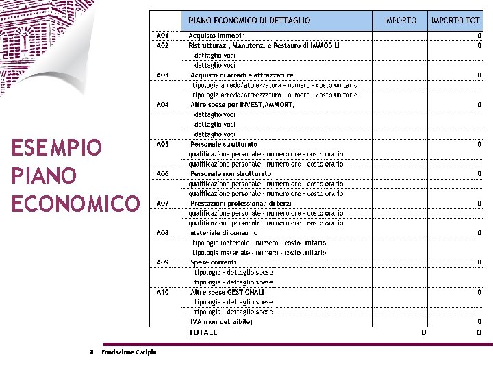 ESEMPIO PIANO ECONOMICO 8 Fondazione Cariplo 