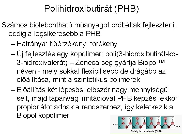 Polihidroxibutirát (PHB) Számos biolebontható műanyagot próbáltak fejleszteni, eddig a legsikeresebb a PHB – Hátránya: