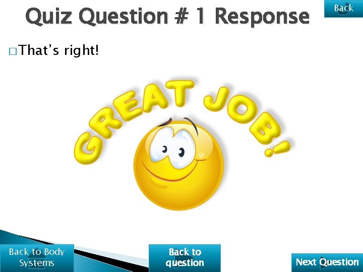 Quiz Question # 1 Response � That’s Back right! Back to Body Systems Back