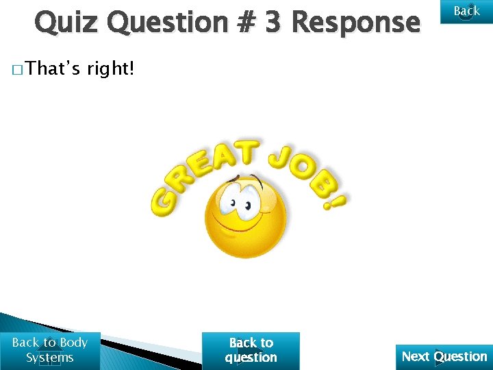 Quiz Question # 3 Response � That’s Back right! Back to Body Systems Back