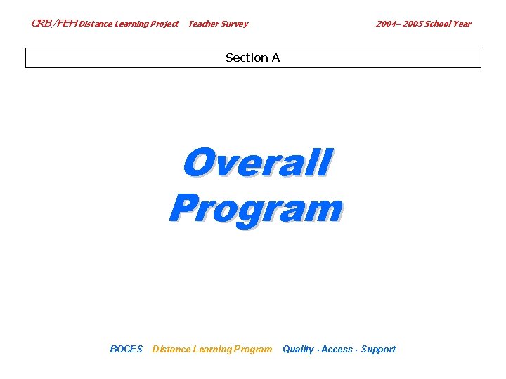 CRB/FEH Distance Learning Project Teacher Survey 2004– 2005 School Year Section A Overall Program