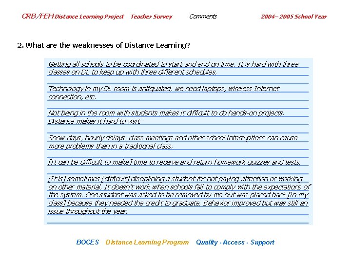 CRB/FEH Distance Learning Project Teacher Survey Comments 2004– 2005 School Year 2. What are