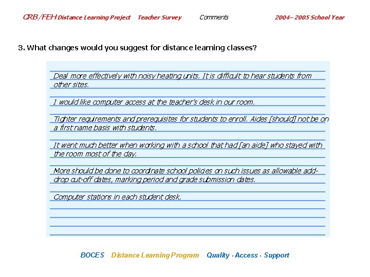 CRB/FEH Distance Learning Project Teacher Survey Comments 2004– 2005 School Year 3. What changes