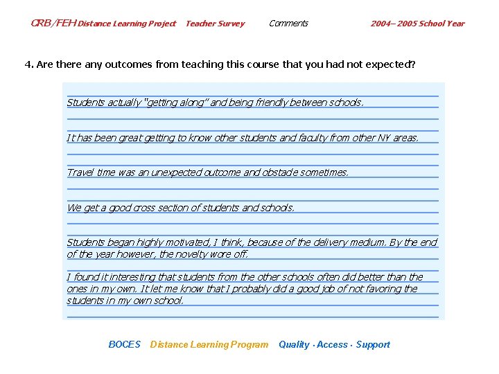 CRB/FEH Distance Learning Project Teacher Survey Comments 2004– 2005 School Year 4. Are there