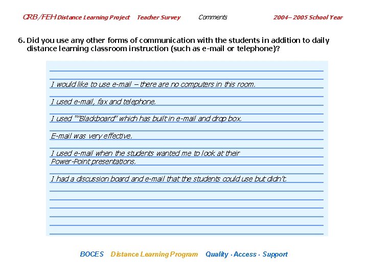 CRB/FEH Distance Learning Project Teacher Survey Comments 2004– 2005 School Year 6. Did you