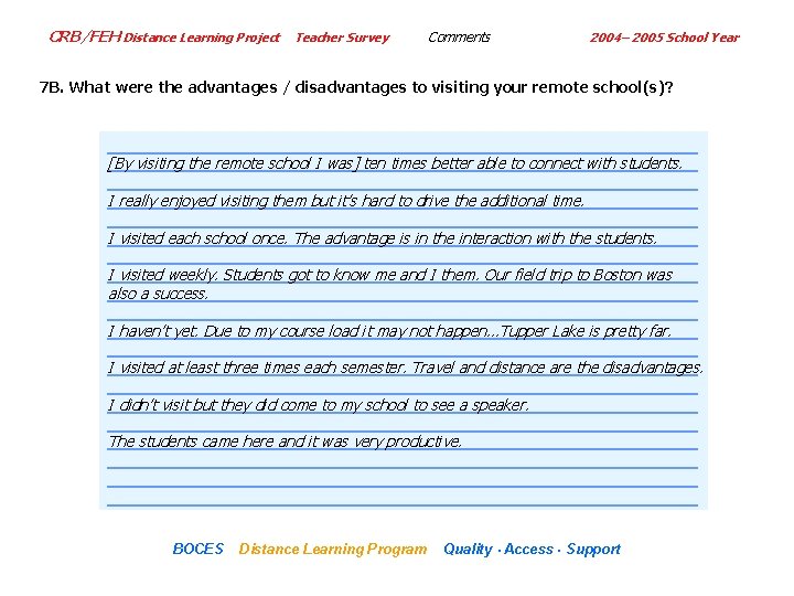CRB/FEH Distance Learning Project Teacher Survey Comments 2004– 2005 School Year 7 B. What
