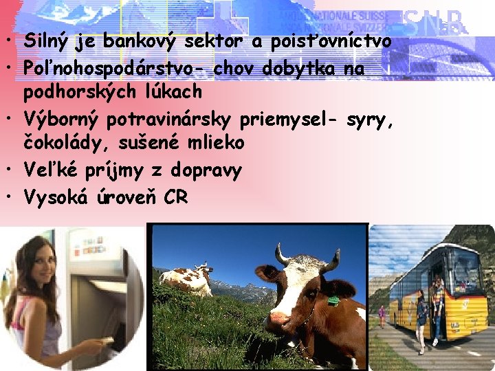  • Silný je bankový sektor a poisťovníctvo • Poľnohospodárstvo- chov dobytka na podhorských