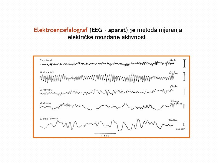 Elektroencefalograf (EEG - aparat) je metoda mjerenja električke moždane aktivnosti. 