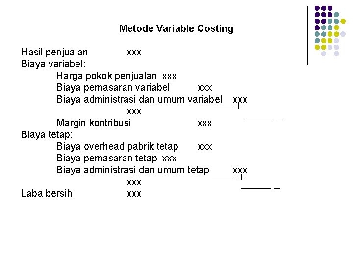 Metode Variable Costing Hasil penjualan xxx Biaya variabel: Harga pokok penjualan xxx Biaya pemasaran