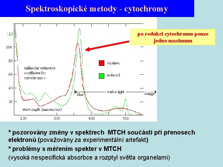 Spektroskopické metody - cytochromy po redukci cytochromu pouze jedno maximum * pozorovány změny v