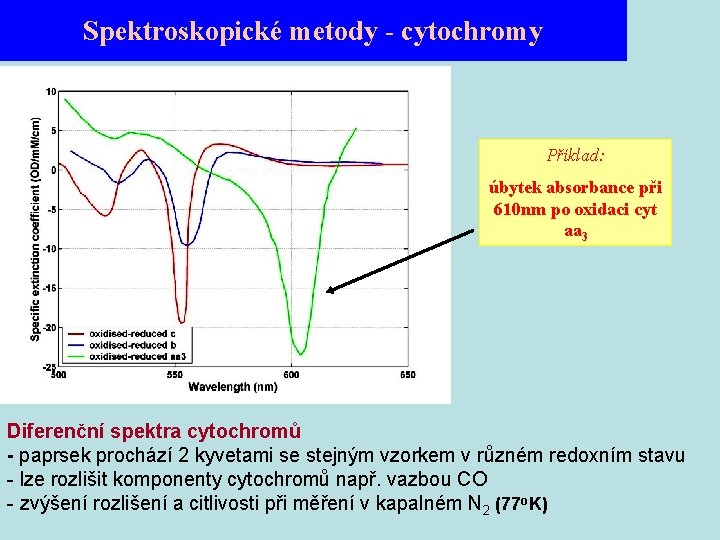 Spektroskopické metody - cytochromy Příklad: úbytek absorbance při 610 nm po oxidaci cyt aa