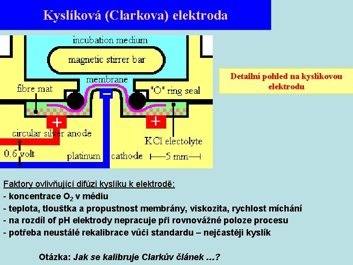 Kyslíková (Clarkova) elektroda Detailní pohled na kyslíkovou elektrodu Faktory ovlivňující difúzi kyslíku k elektrodě: