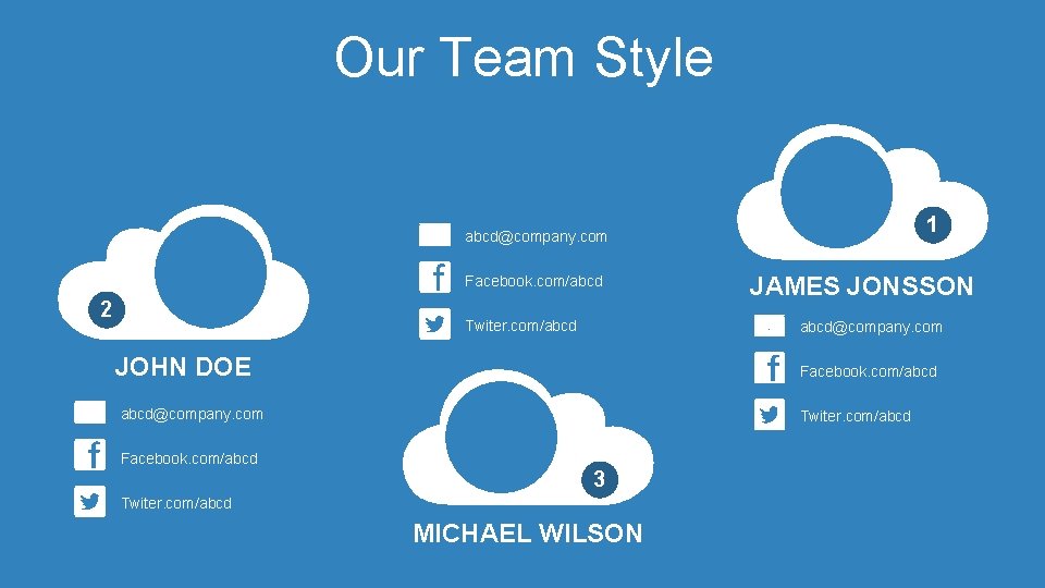 Our Team Style 1 abcd@company. com Facebook. com/abcd 2 Twiter. com/abcd JAMES JONSSON abcd@company.