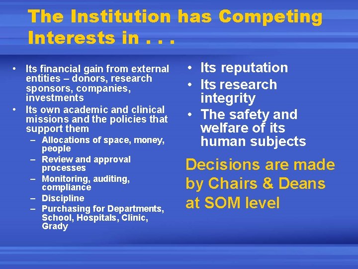 The Institution has Competing Interests in. . . • Its financial gain from external