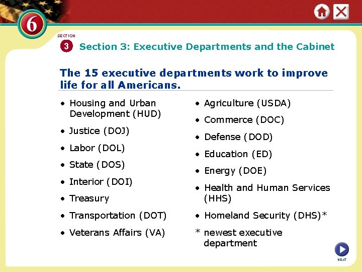 SECTION 3 Section 3: Executive Departments and the Cabinet The 15 executive departments work