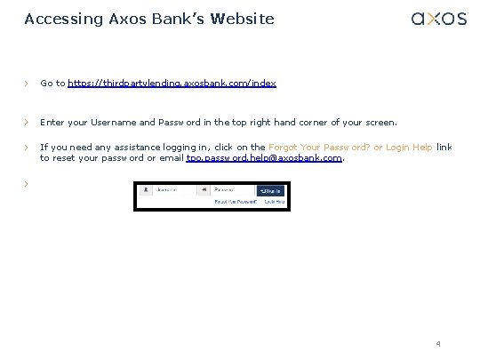 Accessing Axos Bank’s Website Go to https: //thirdpartylending. axosbank. com/index Enter your Username and