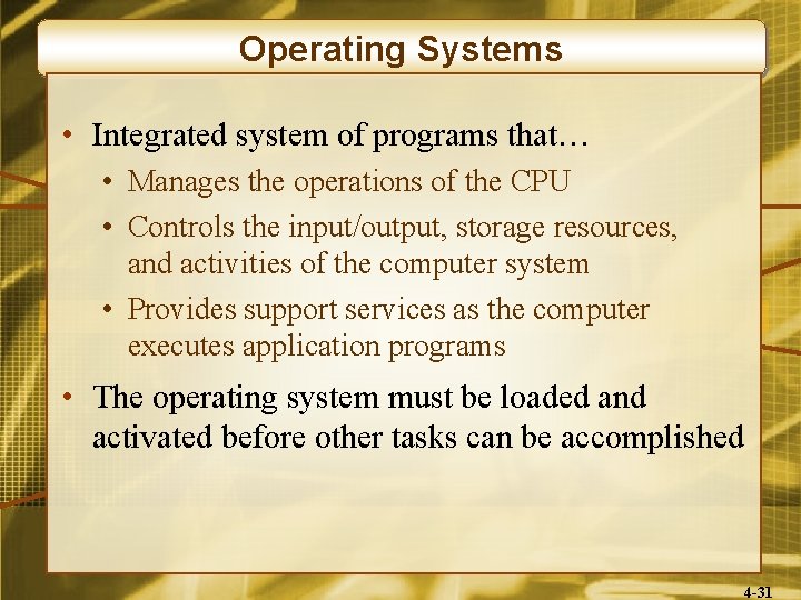 Operating Systems • Integrated system of programs that… • Manages the operations of the