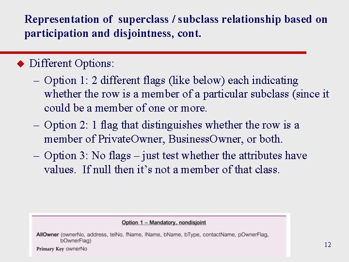 Representation of superclass / subclass relationship based on participation and disjointness, cont. u Different