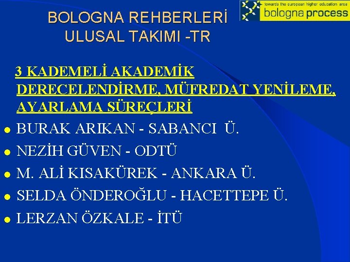 BOLOGNA REHBERLERİ ULUSAL TAKIMI -TR 3 KADEMELİ AKADEMİK DERECELENDİRME, MÜFREDAT YENİLEME, AYARLAMA SÜREÇLERİ l