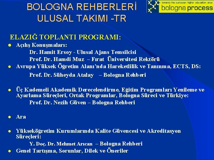 BOLOGNA REHBERLERİ ULUSAL TAKIMI -TR ELAZIĞ TOPLANTI PROGRAMI: l l Açılış Konuşmaları: Dr. Hamit