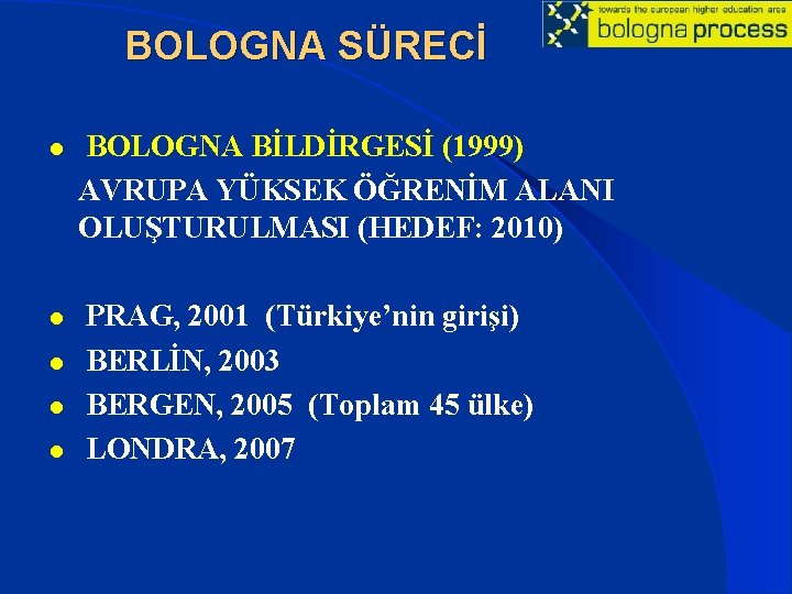 BOLOGNA SÜRECİ l l l BOLOGNA BİLDİRGESİ (1999) AVRUPA YÜKSEK ÖĞRENİM ALANI OLUŞTURULMASI (HEDEF: