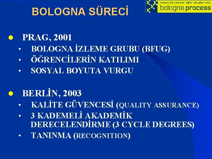 BOLOGNA SÜRECİ PRAG, 2001 l • • • BOLOGNA İZLEME GRUBU (BFUG) ÖĞRENCİLERİN KATILIMI
