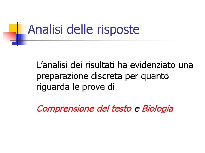 Analisi delle risposte L’analisi dei risultati ha evidenziato una preparazione discreta per quanto riguarda