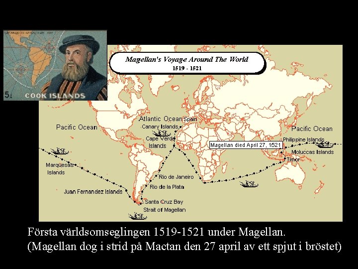 Första världsomseglingen 1519 -1521 under Magellan. (Magellan dog i strid på Mactan den 27