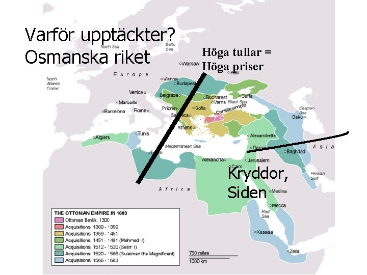 Varför upptäckter? Osmanska riket Höga tullar = Höga priser Kryddor, Siden 