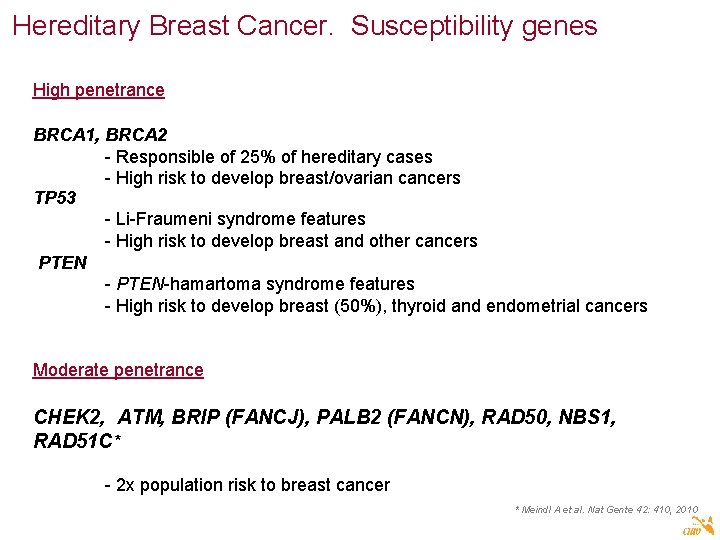 Hereditary Breast Cancer. Susceptibility genes High penetrance BRCA 1, BRCA 2 - Responsible of