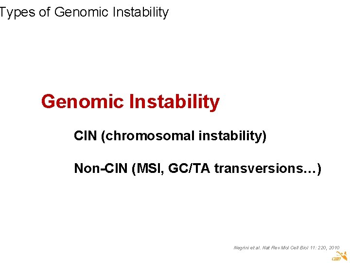 Types of Genomic Instability CIN (chromosomal instability) Non-CIN (MSI, GC/TA transversions…) Negrini et al.