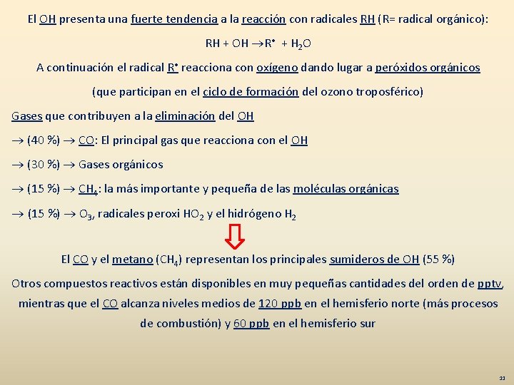 El OH presenta una fuerte tendencia a la reacción con radicales RH (R= radical