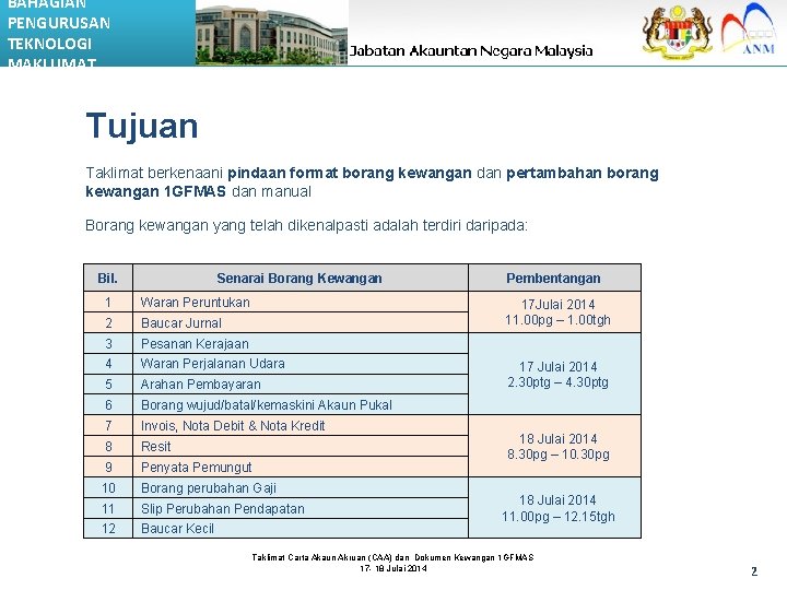 BAHAGIAN PENGURUSAN TEKNOLOGI MAKLUMAT Tujuan Taklimat berkenaani pindaan format borang kewangan dan pertambahan borang