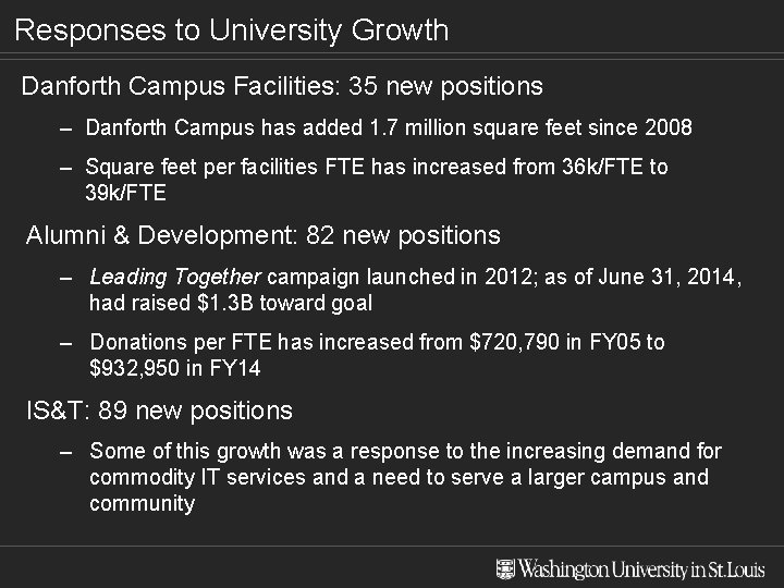 Responses to University Growth Danforth Campus Facilities: 35 new positions – Danforth Campus has