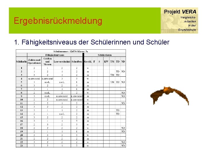 Projekt VERA Ergebnisrückmeldung 1. Fähigkeitsniveaus der Schülerinnen und Schüler Vergleichs. Arbeiten In der Grundschule