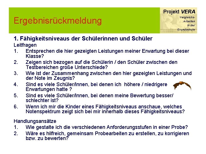 Projekt VERA Ergebnisrückmeldung Vergleichs. Arbeiten In der Grundschule 1. Fähigkeitsniveaus der Schülerinnen und Schüler