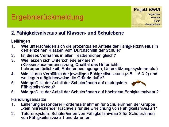 Projekt VERA Ergebnisrückmeldung Vergleichs. Arbeiten In der Grundschule 2. Fähigkeitsniveaus auf Klassen- und Schulebene