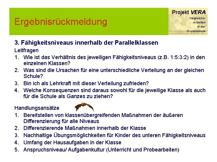Projekt VERA Ergebnisrückmeldung Vergleichs. Arbeiten In der Grundschule 3. Fähigkeitsniveaus innerhalb der Parallelklassen Leitfragen