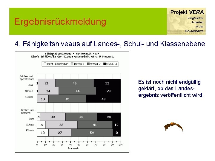 Projekt VERA Ergebnisrückmeldung Vergleichs. Arbeiten In der Grundschule 4. Fähigkeitsniveaus auf Landes-, Schul- und