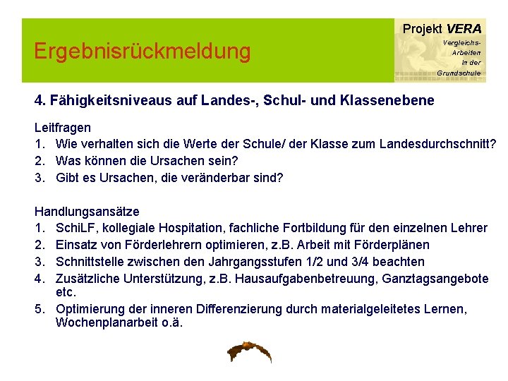 Projekt VERA Ergebnisrückmeldung Vergleichs. Arbeiten In der Grundschule 4. Fähigkeitsniveaus auf Landes-, Schul- und