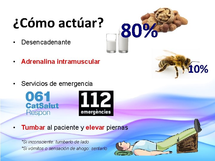 ¿Cómo actúar? • Desencadenante 80% • Adrenalina intramuscular • Servicios de emergencia • Tumbar