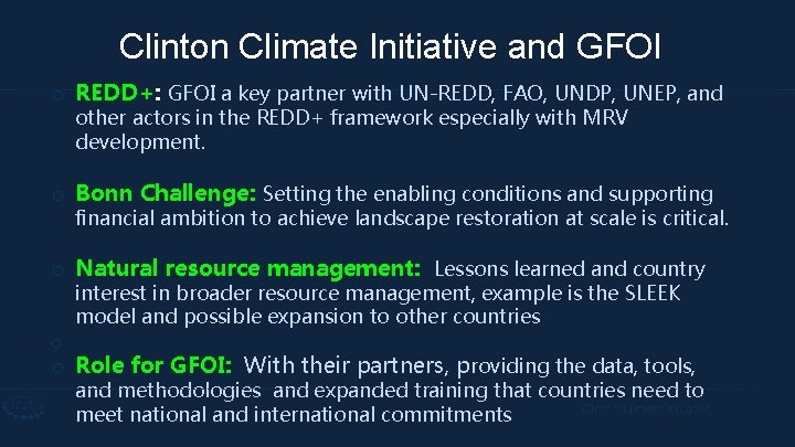 Clinton Climate Initiative and GFOI o REDD+: GFOI a key partner with UN-REDD, FAO,