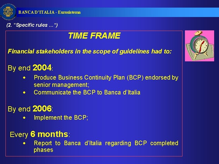 BANCA D’ITALIA - Eurosistema (2. “Specific rules …”) TIME FRAME Financial stakeholders in the