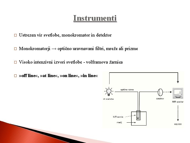 Instrumenti � Ustrezen vir svetlobe, monokromator in detektor � Monokromatorji → optično uravnavani filtri,